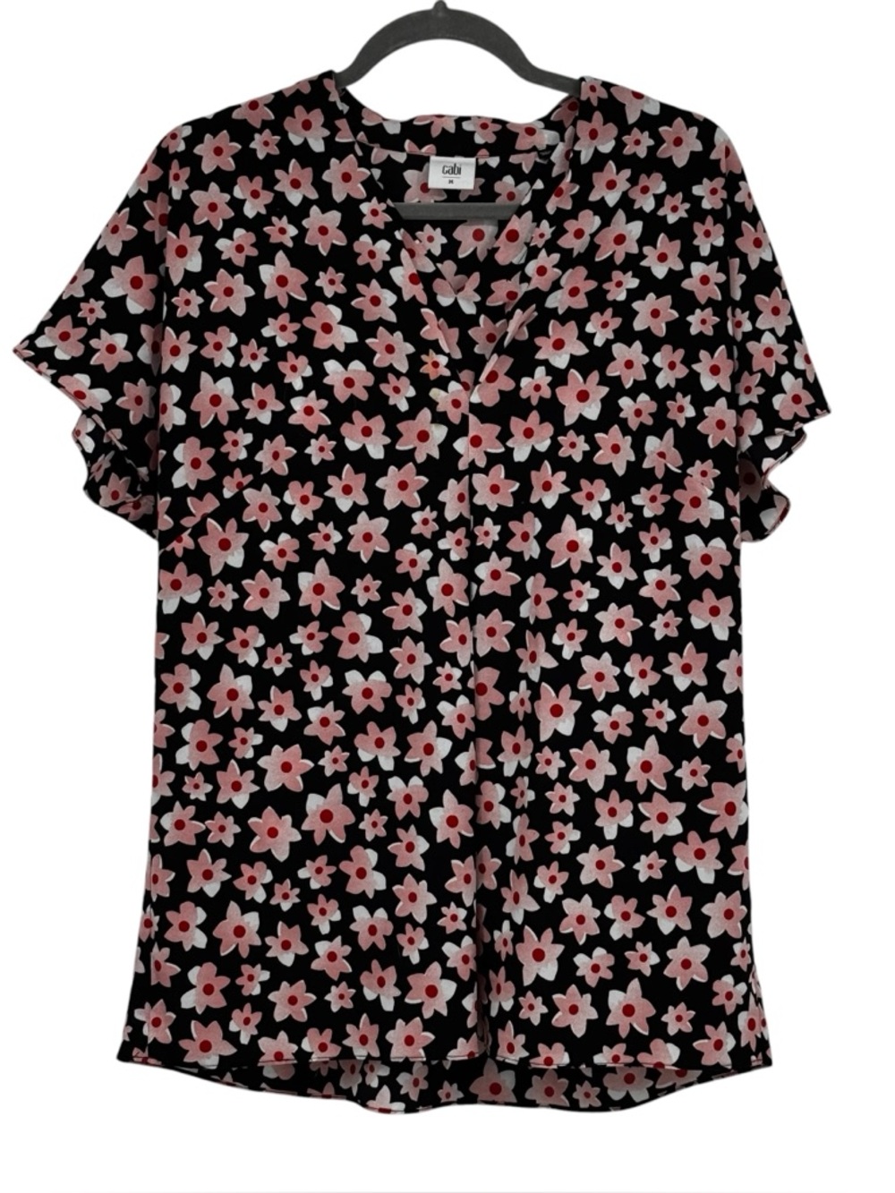 Women’s CAbi Medium Black/Pink/White Floral “Harmony” V-Neck Pleated Blouse 5347